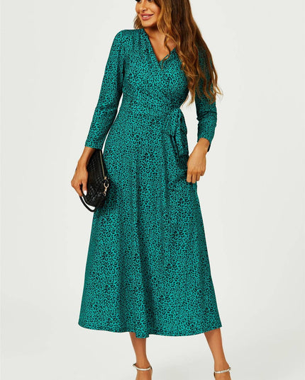 Green Leopard Print Wrap Top Midaxi Dress Animal