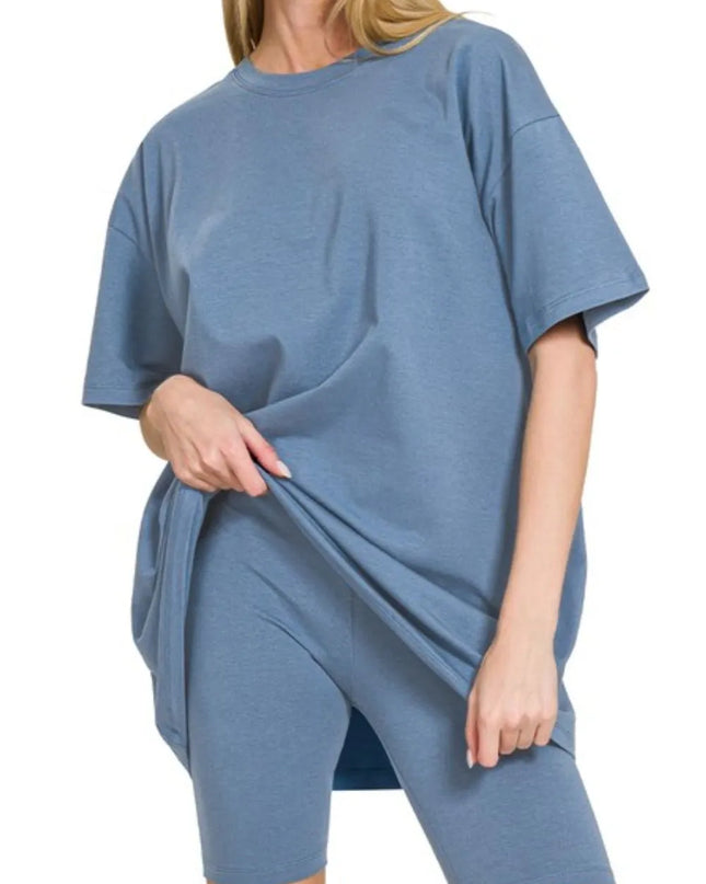 Zenana Cotton Round Neck Top & Biker Shorts