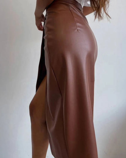 Slit Leather Midi Skirt