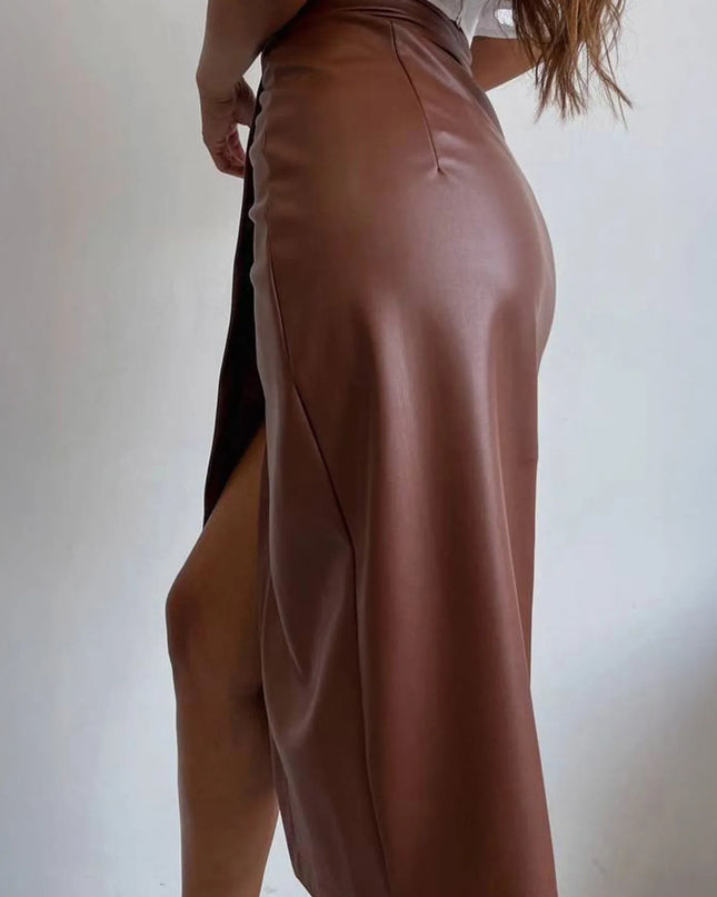 Slit Leather Midi Skirt