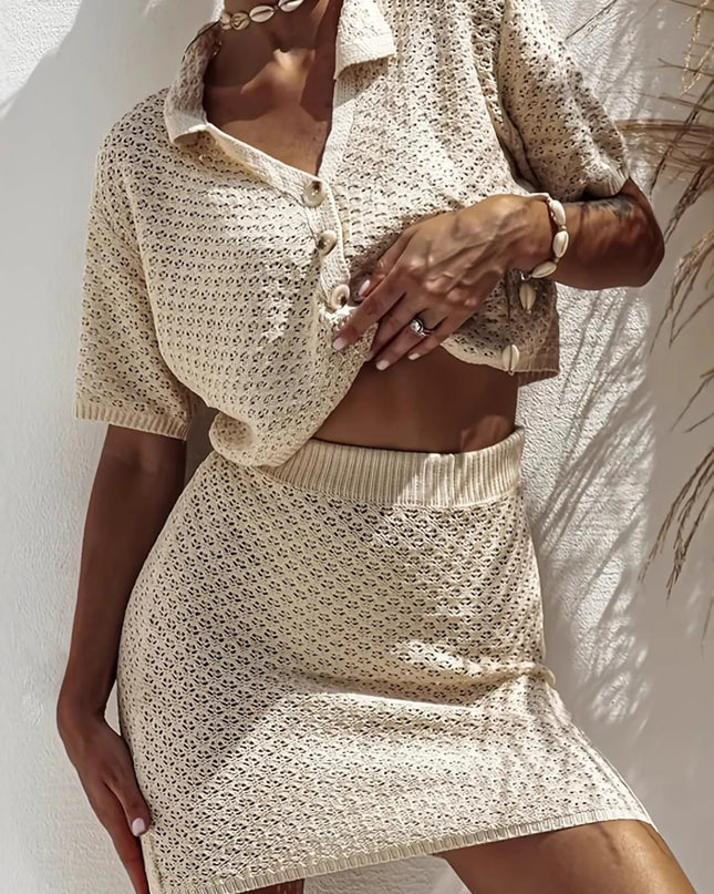 Openwork Button Up Top and Skirt Sweater Set Apricot