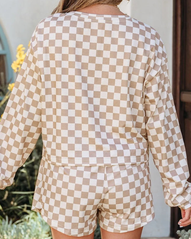 Checkered Long Sleeve Top and Skirt Two-Piece Set