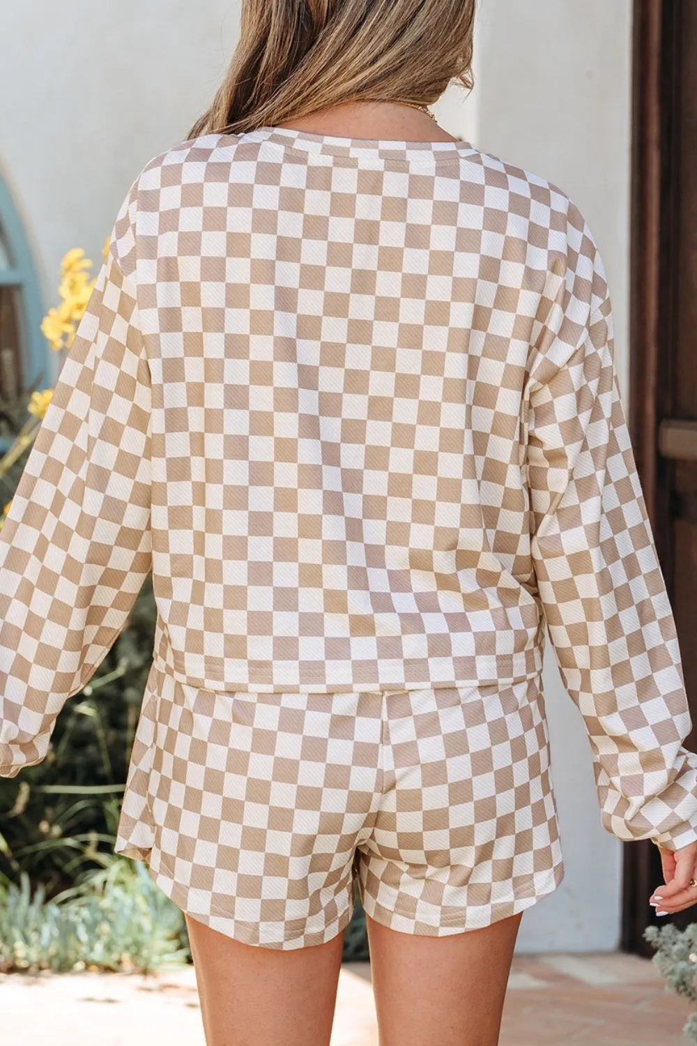 Checkered Long Sleeve Top and Skirt Two-Piece Set