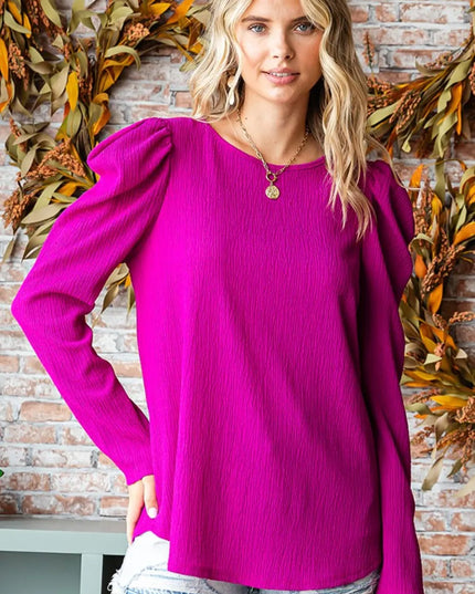 First Love Texture Puff Sleeve Round Neck Blouse