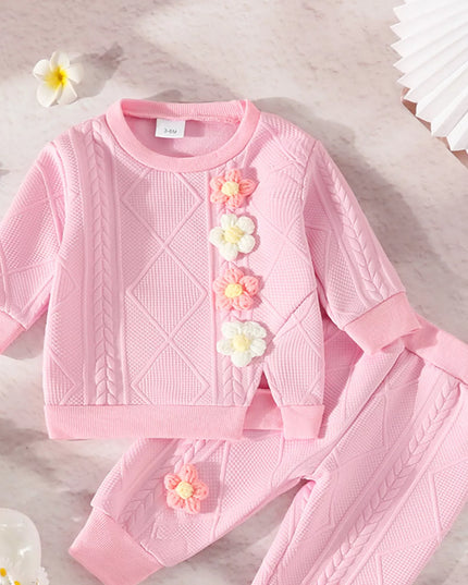 Children's Flower Textured Top and Pants Set Pink