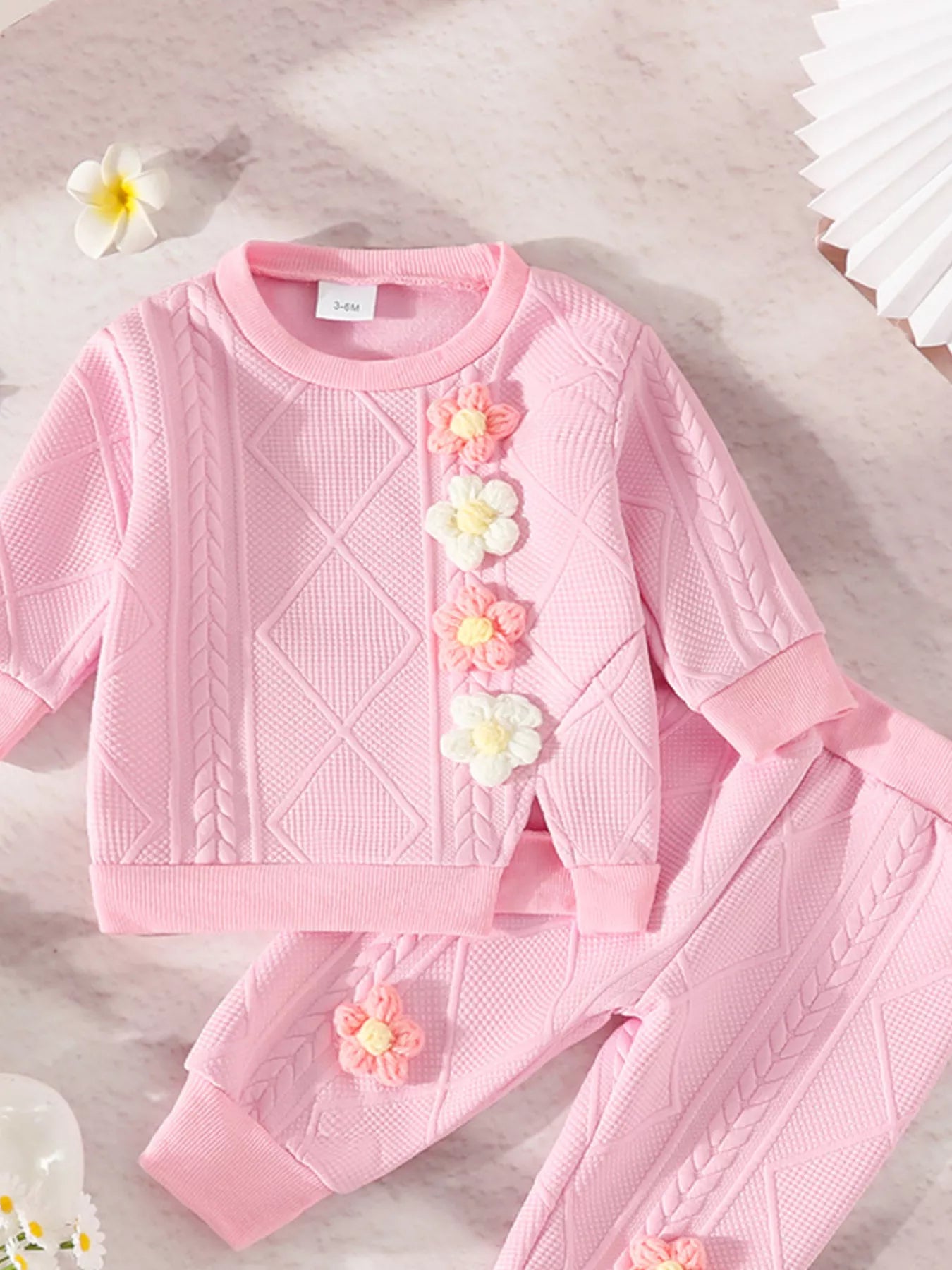 Children's Flower Textured Top and Pants Set Pink