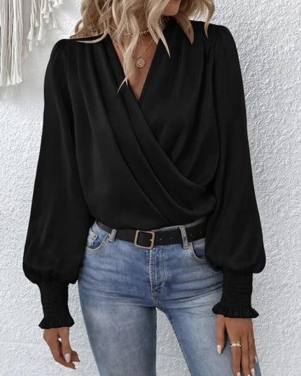 Surplice Smocked Lantern Sleeve Blouse Black