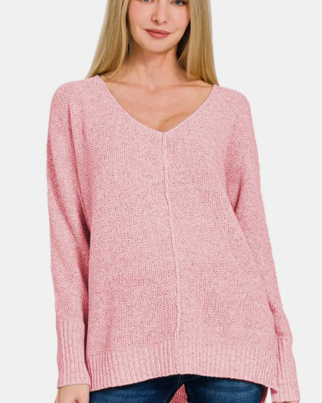 Zenana High-Low Center Seam V-Neck Sweater Dusty Pink