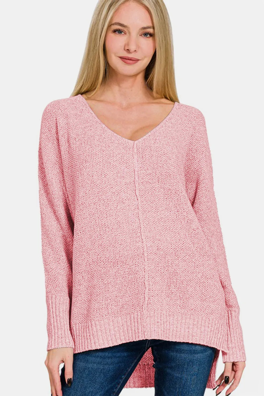 Zenana High-Low Center Seam V-Neck Sweater Dusty Pink