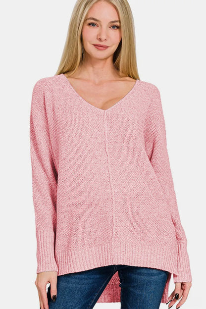 Zenana High-Low Center Seam V-Neck Sweater Dusty Pink