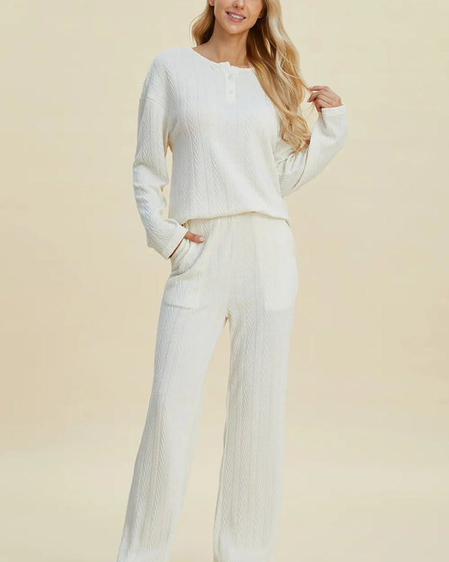 Double Take Full Size Cable-Knit Long Sleeve Top and Pants Set