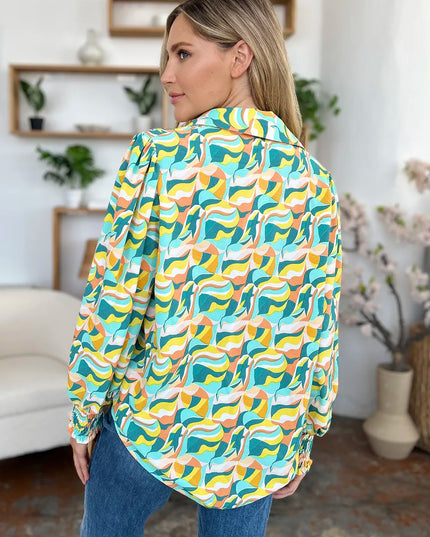 Double Take Full Size Printed Smocked Long Sleeve Blouse
