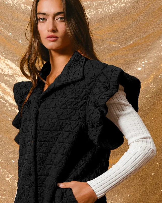 BiBi Quilting Knit Ruffle Sleeve Vest BLACK