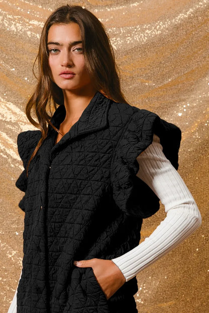 BiBi Quilting Knit Ruffle Sleeve Vest BLACK