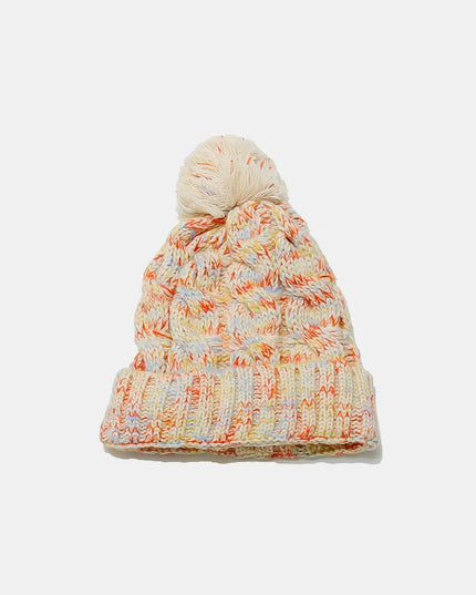 Contrast Cable-Knit Hat with Pompom Cream One Size