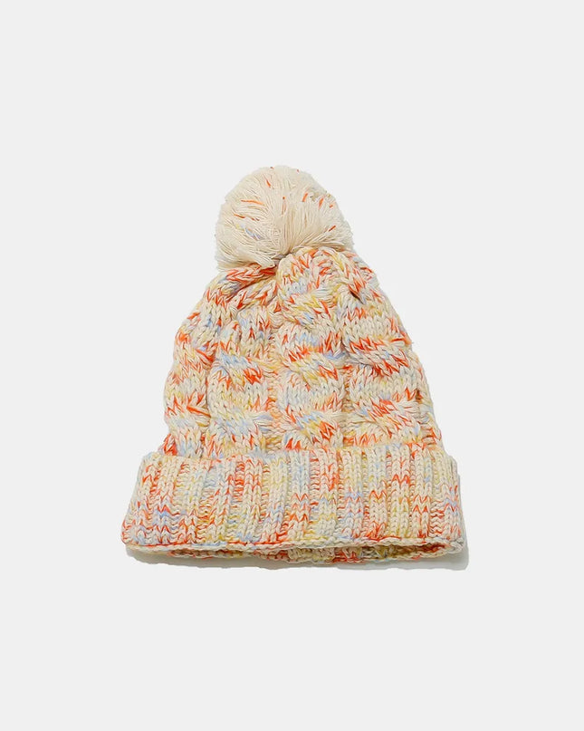 Contrast Cable-Knit Hat with Pompom Cream One Size