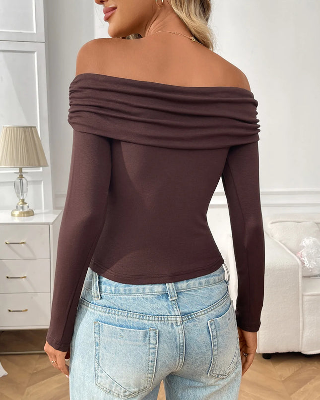 Off-Shoulder Long Sleeve Fitted T-Shirt