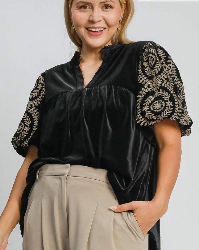 Umgee Full Size Velvet Embroidered Sleeve Blouse Plus Size