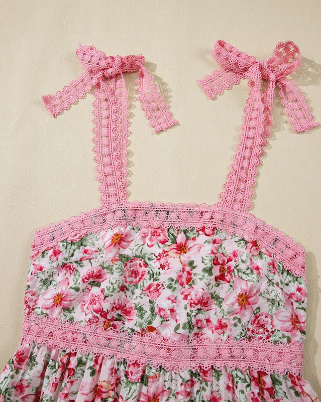 Floral Lace Tied Strap Square Neck Dress with Pockets 