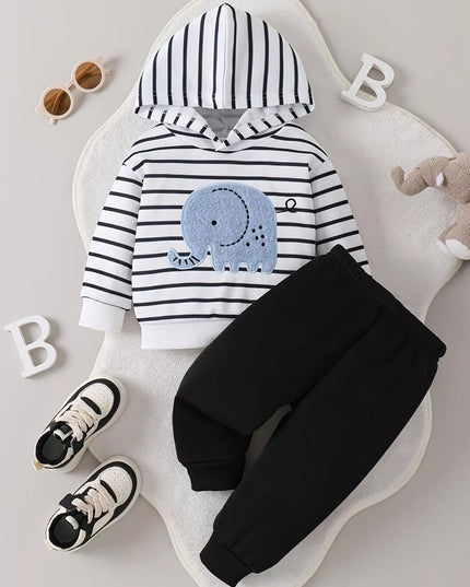 Children's Striped Elephant Hoodie & Pants Set White