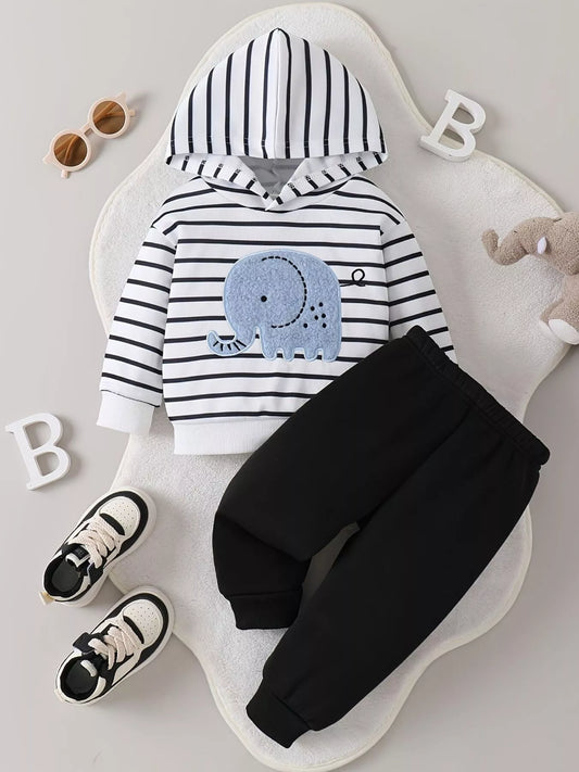 Children's Striped Elephant Hoodie & Pants Set White