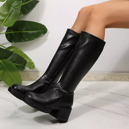 Round Toe Block Heels Boots Black