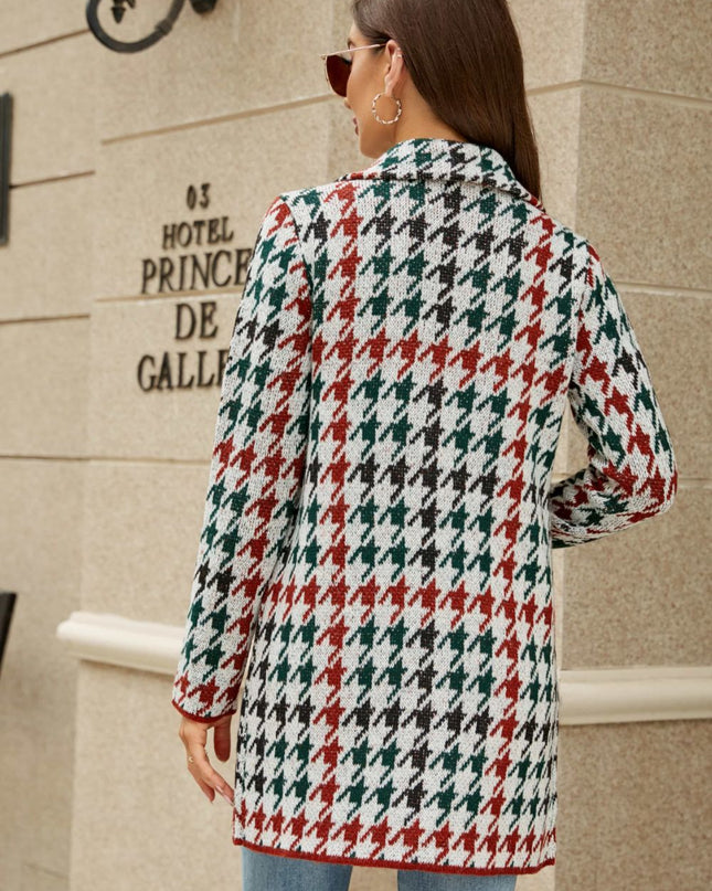 Printed Open Front Lapel Collar Cardigan with Pockets