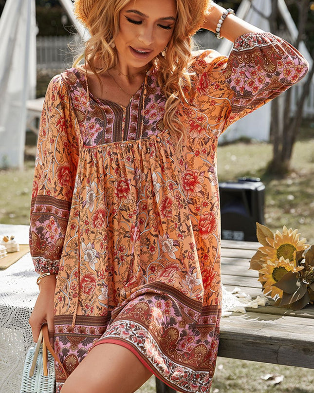 Devine Bohemian Tie Neck Balloon Sleeve Dress