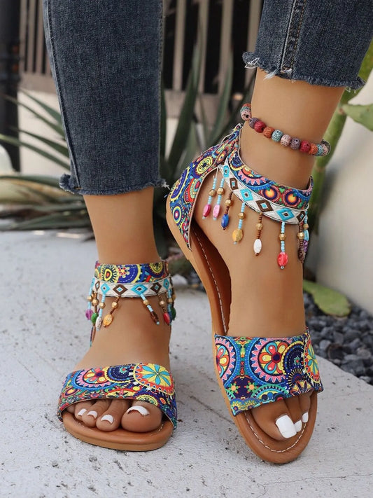 Beaded Ankle Strap Sandals 