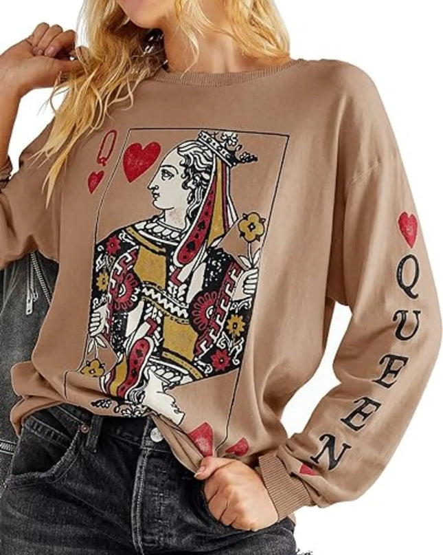 Queen of Hearts Playing Card Graphic Round Neck Sweatshirt Khaki