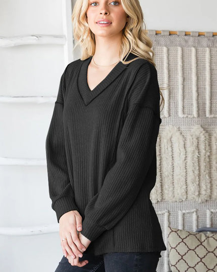 Heimish Full Size Ribbed V-Neck Exposed Seam Top Black