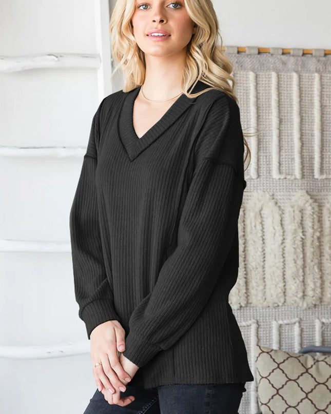 Heimish Full Size Ribbed V-Neck Exposed Seam Top Black