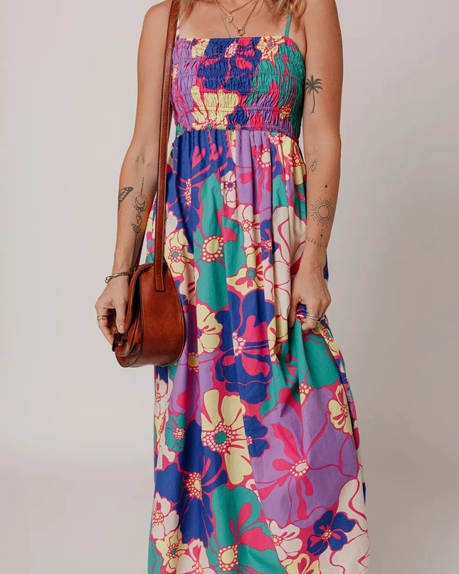 Floral Print Shirred Spaghetti Strap Loose Maxi Dress Purple
