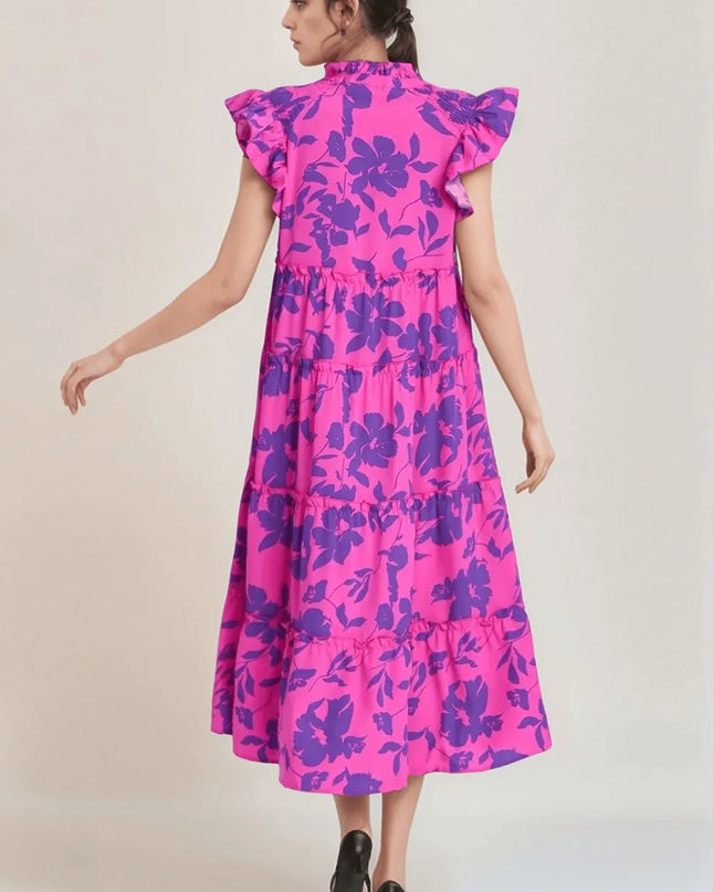 Oh Full Size Ruffled Printed Notched Cap Sleeve Midi Dress