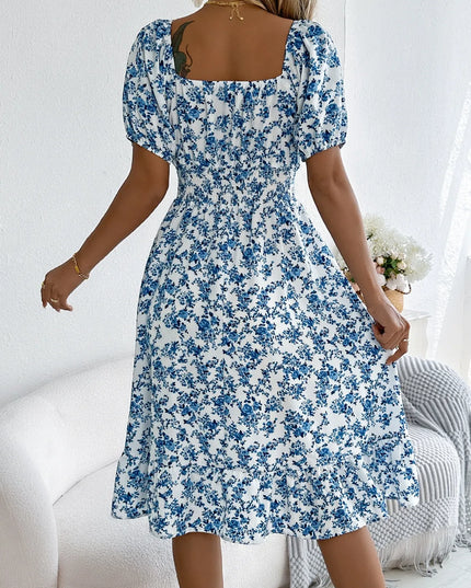 Ruffled Hem Floral Puff Sleeve Dress