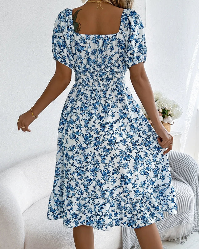 Ruffled Hem Floral Puff Sleeve Dress