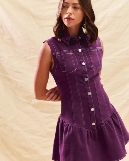 SO ME Button Down Sleeveless Collared Game Day Mini Dress PURPLE