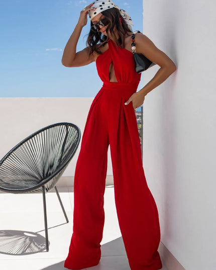 Wide Leg Cutout Halter Neck Jumpsuit 