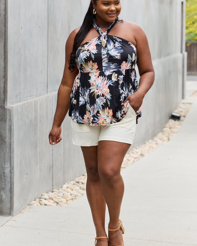 Be Stage Full Size Floral Halter Top in Black