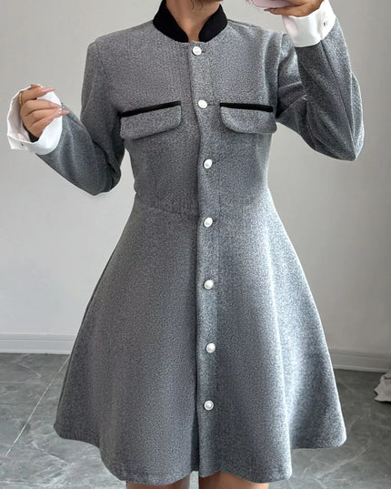 A-Line Long Sleeve Button-Down Dress Gray