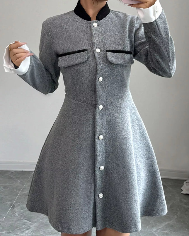 A-Line Long Sleeve Button-Down Dress Gray