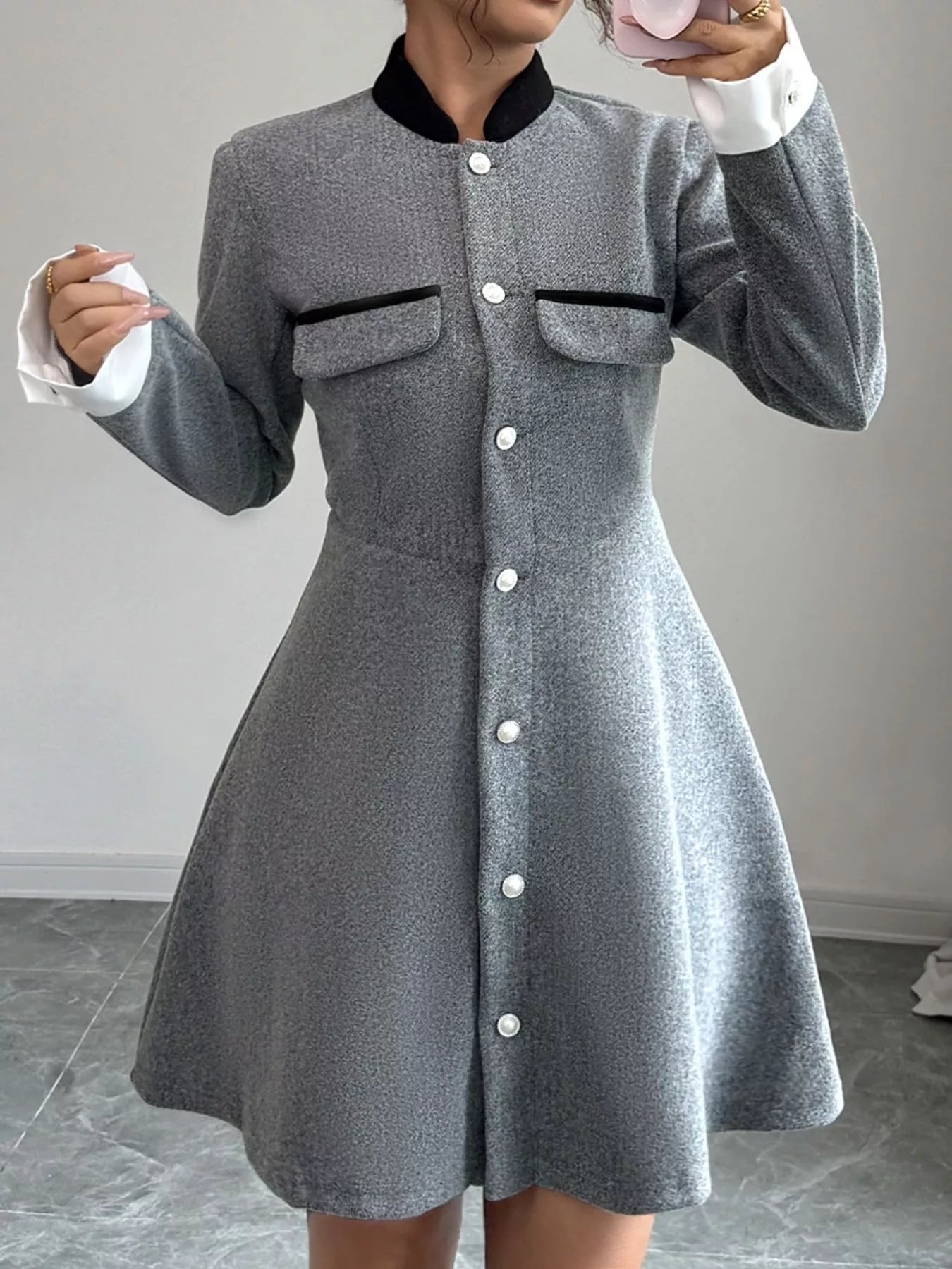 A-Line Long Sleeve Button-Down Dress Gray