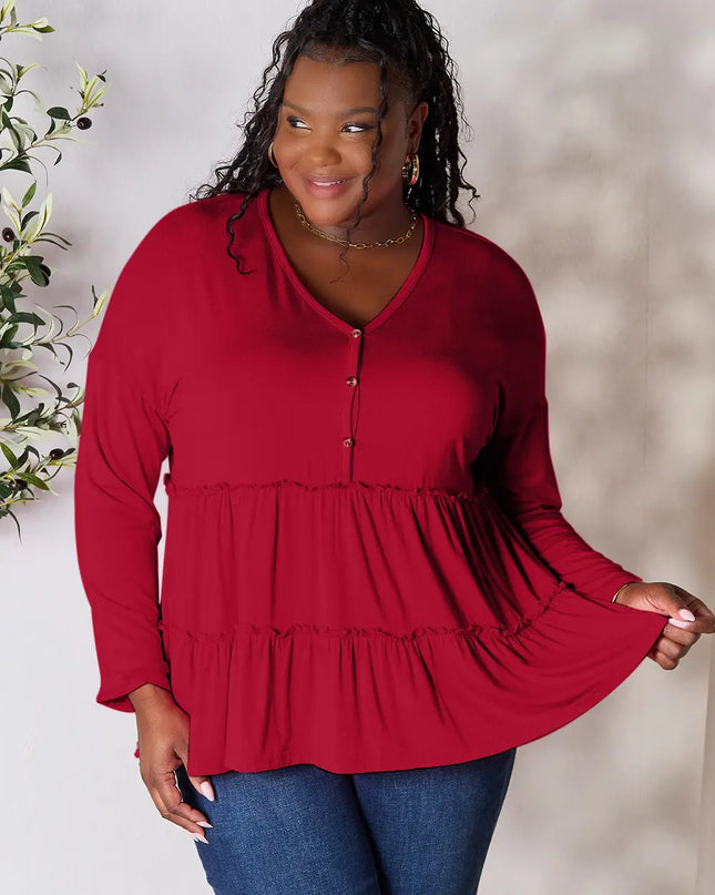 Double Take Half Button Long Sleeve Ruffle Hem Blouse