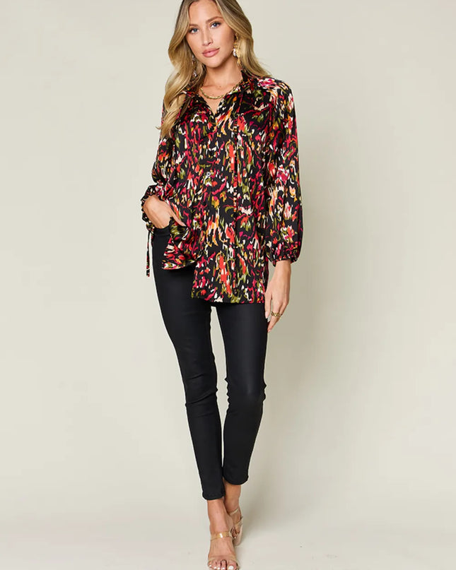 Double Take Full Size Printed Button Up Long Sleeve Shirt