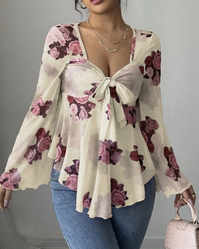 Floral Tie Front Flare Sleeve Blouse
