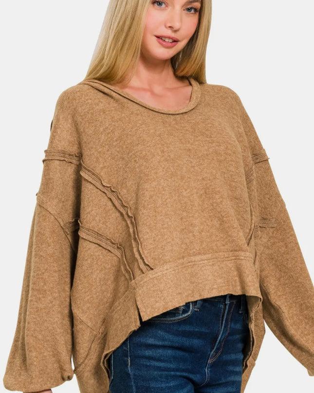 Zenana Brushed Hacci Exposed Seam Hoodie Deep Camel