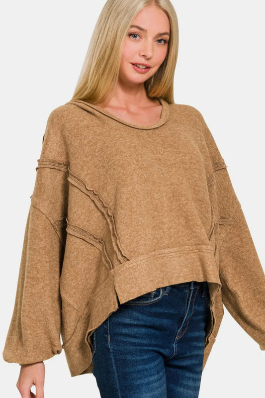 Zenana Brushed Hacci Exposed Seam Hoodie Deep Camel