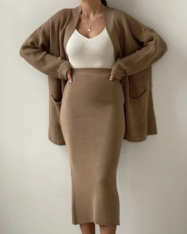 Pocketed Long Sleeve Cardigan and Skirt Sweater Set