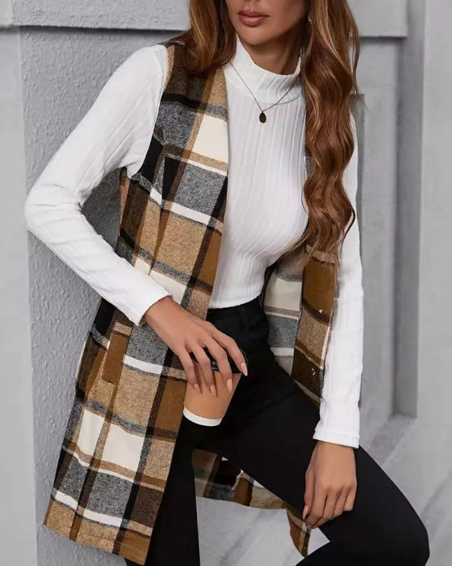 Plaid V-Neck Vest Coat