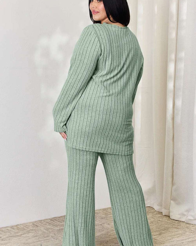 Basic Bae Full Size Ribbed High-Low Top and Wide Leg Pants Set